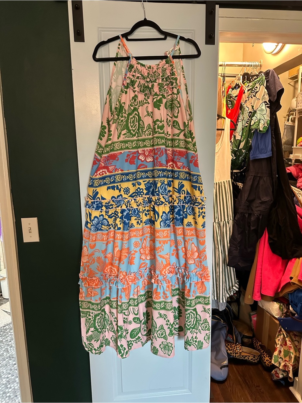 Colorblock Floral Tiered Maxi Dress - Pink, Blue, Yellow, Green, Orange